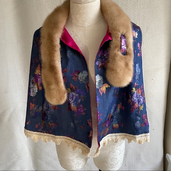 Vintage Cape OS Mink Fur Rainbow Floral Print Wrap - Picture 2 of 8